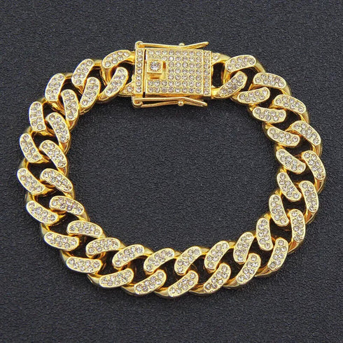 2 Pcs Iced Out Silver & Gold 18K Gold Plated Bling CZ Cuban Miami Link Bracelet
